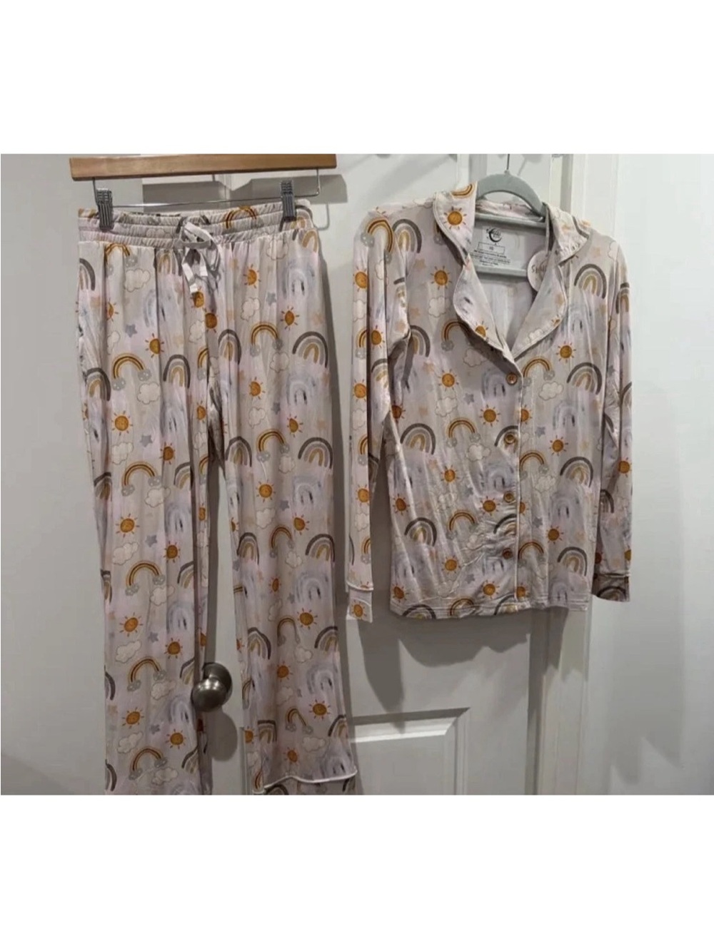 Womens Snuggle Bums Rainbow & Sun Print Pajama Set - Neutral/Yellow